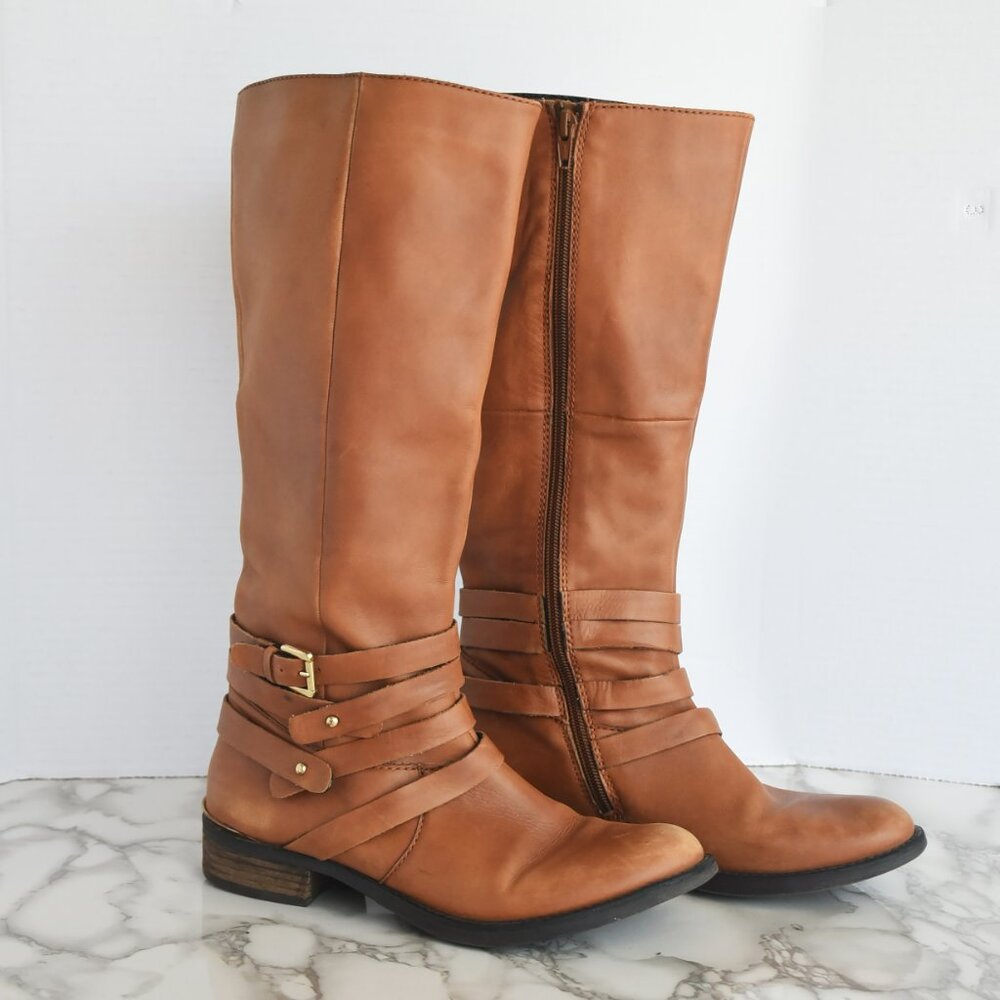 Steve Madden Albany Cognac Leather Belted Riding Boots Size 8